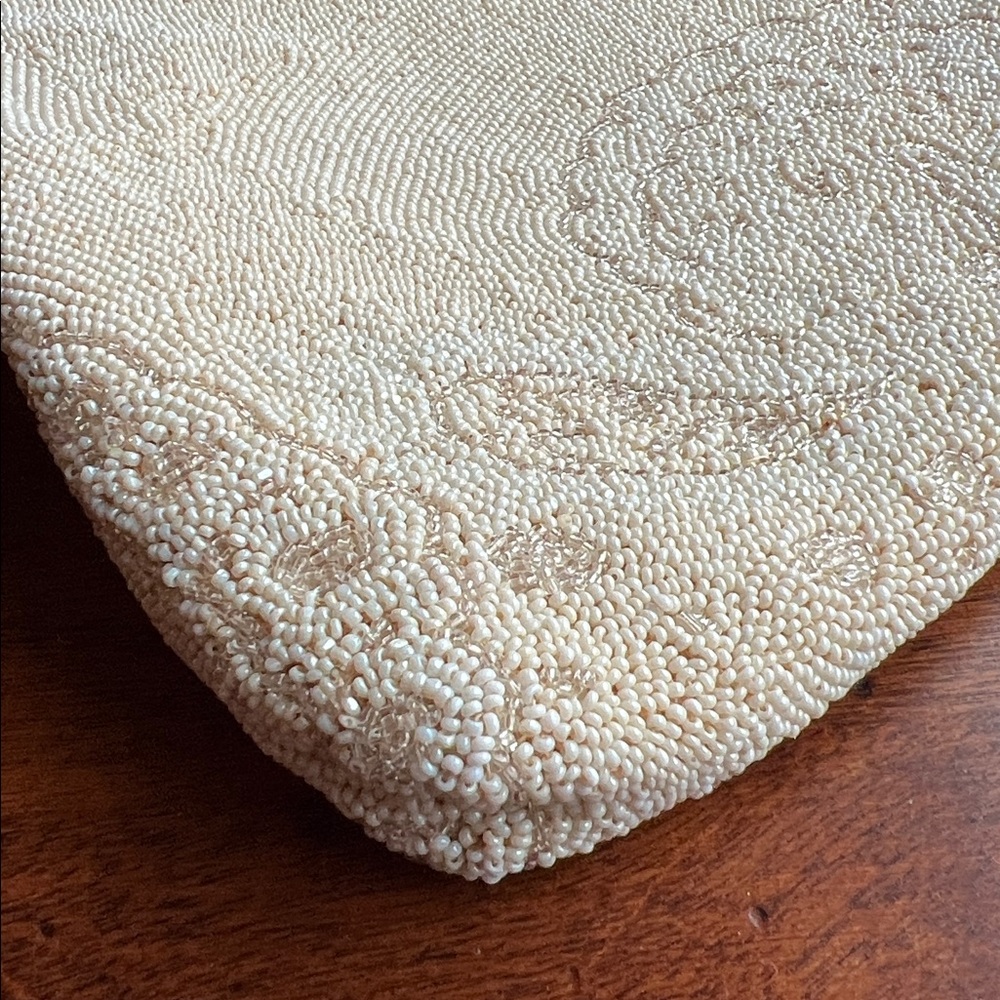 Vintage Intricately Beaded Evening Bag Cream Beige Gold Seed Bead Paisley Bird - Picture 9 of 16